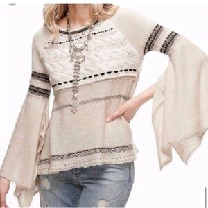 Free People Craft Time Off White Boho Pullover Cable Knit Sweater Size Small